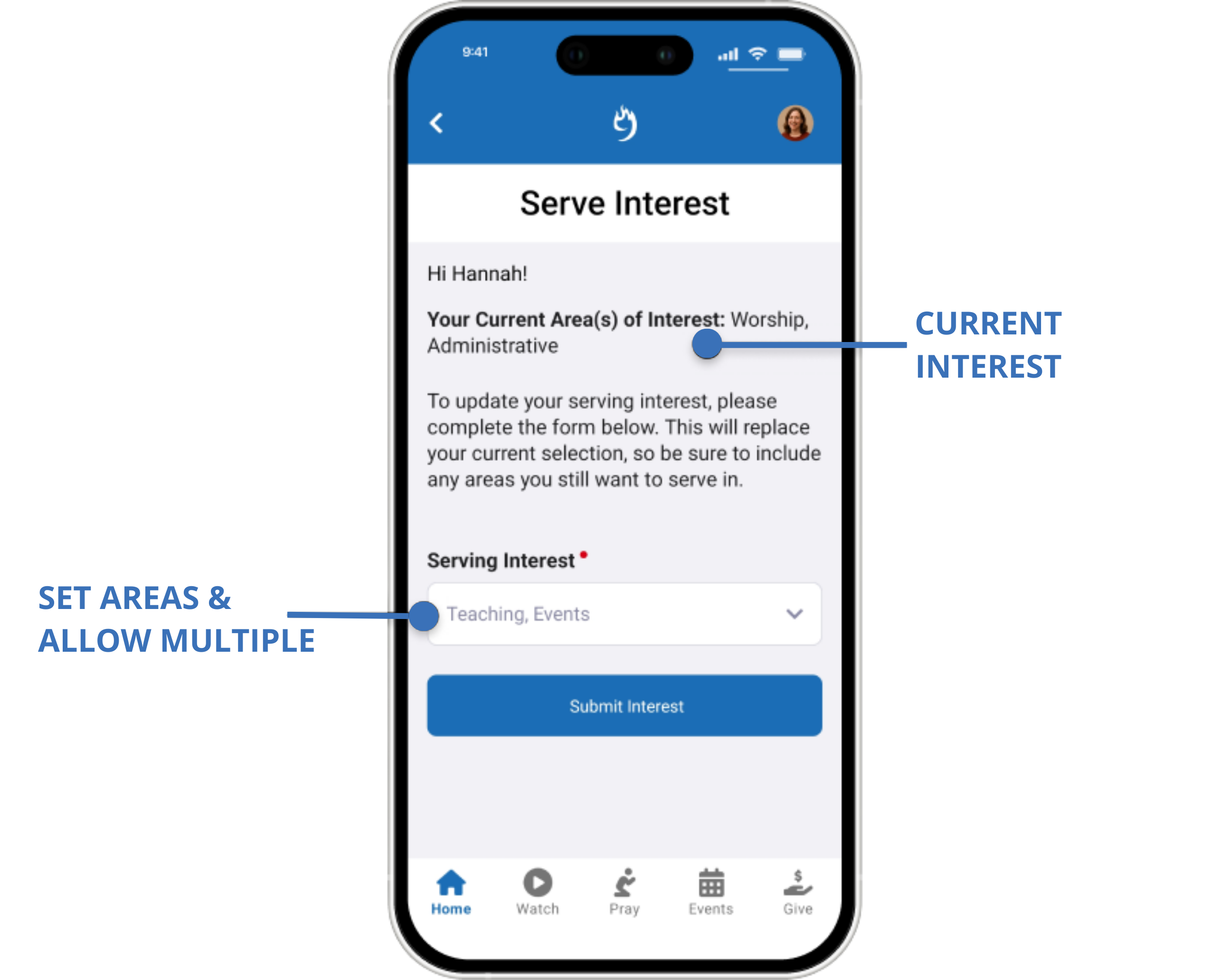 Recruit church volunteers through Rock Mobile serve interest feature built by 9 Embers.