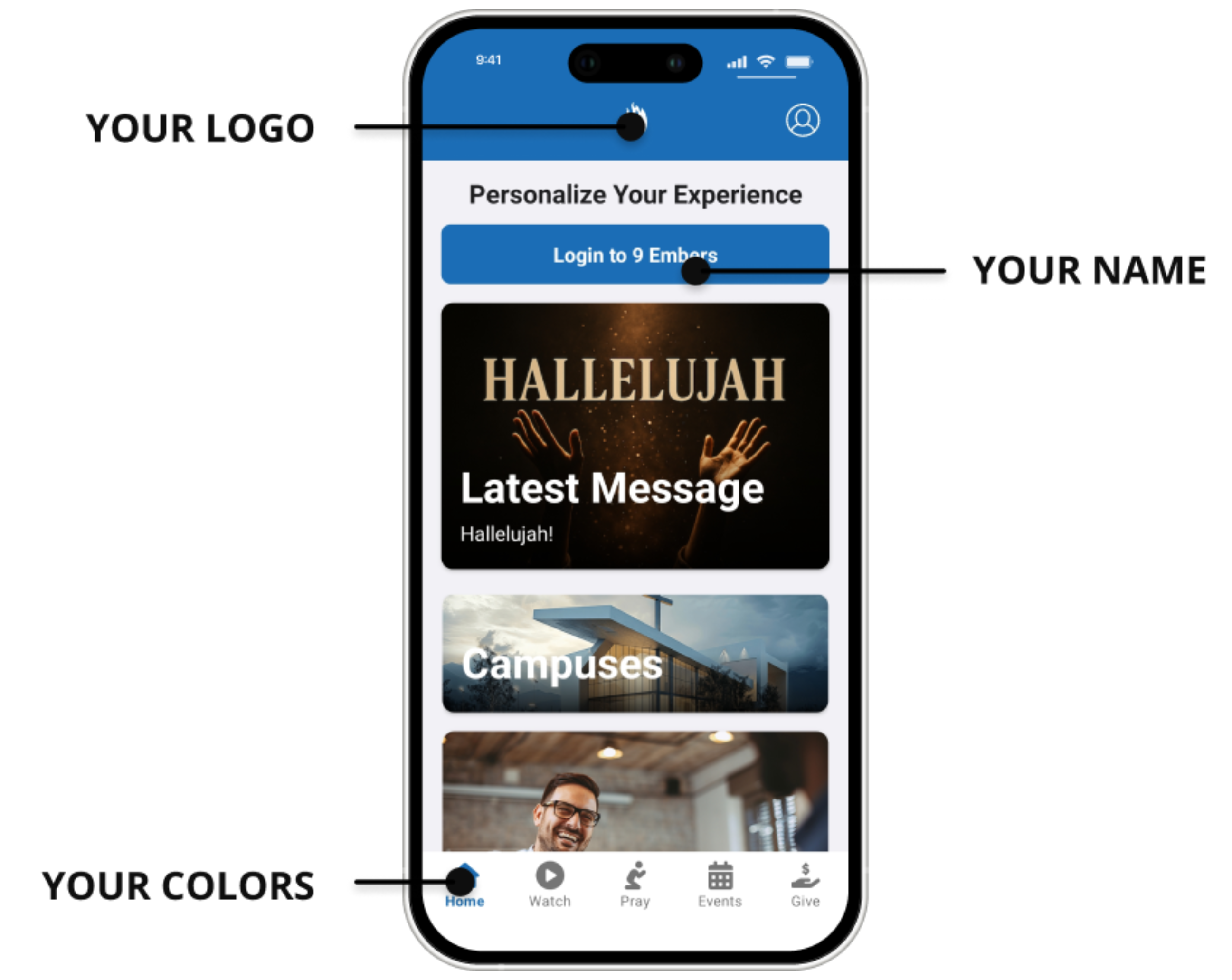 9 Embers builds your Rock Mobile app with your logo, name, and colors.