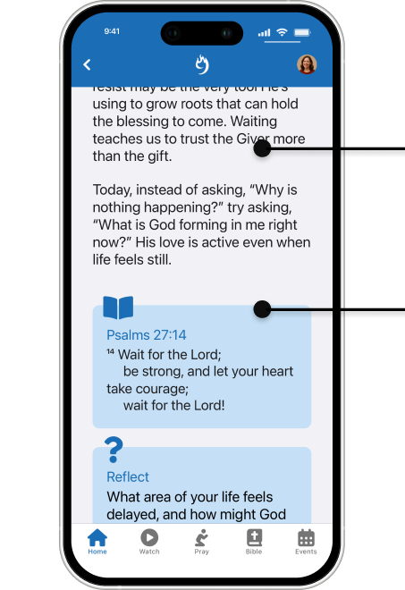 Create daily habits with a daily devotional, bible reference, reflection question, and prayer.