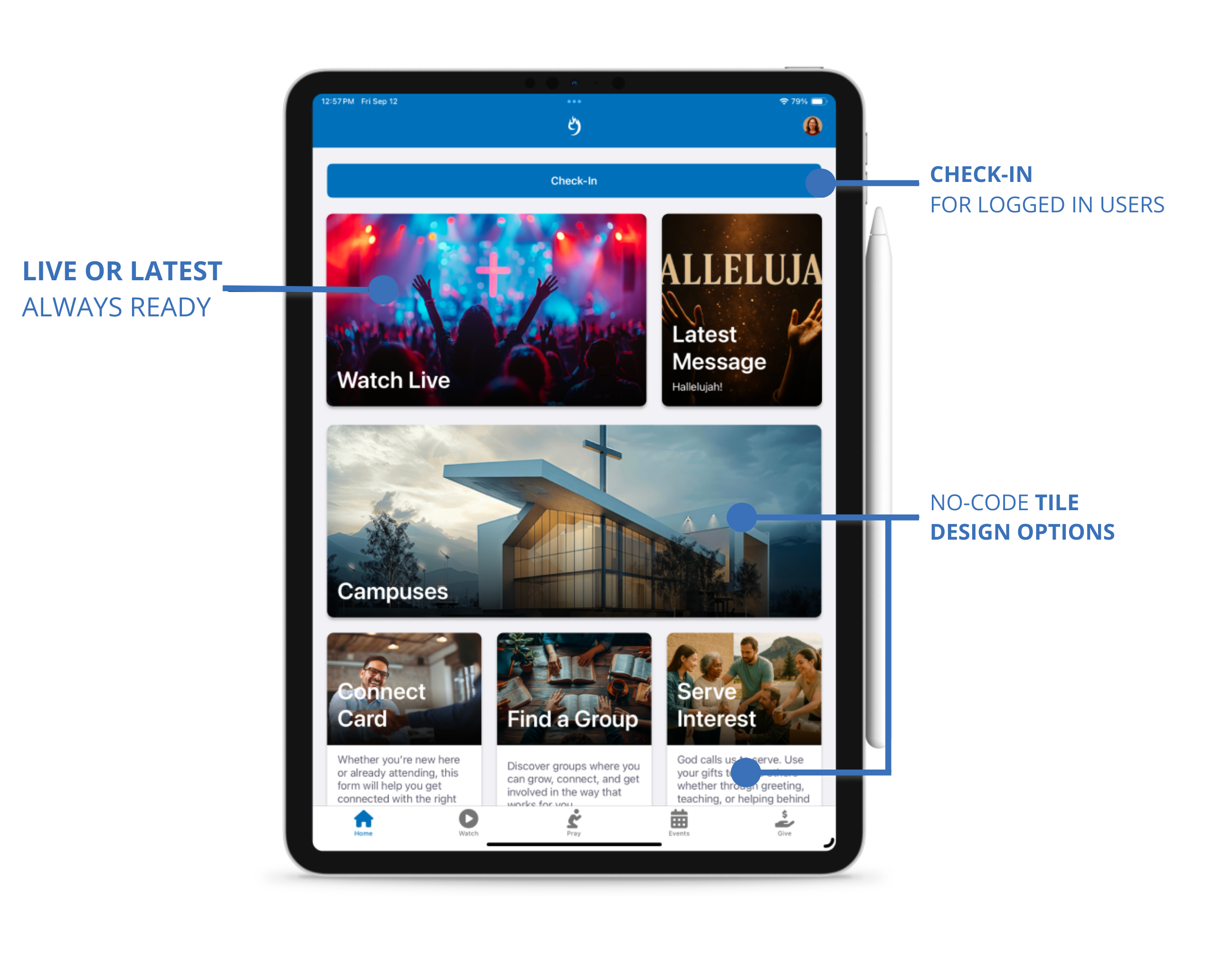 9 Embers offers a dynamic homepage for your Rock Mobile app with check in button for logged in users, live or latest messsage always ready, and no code tile design options.