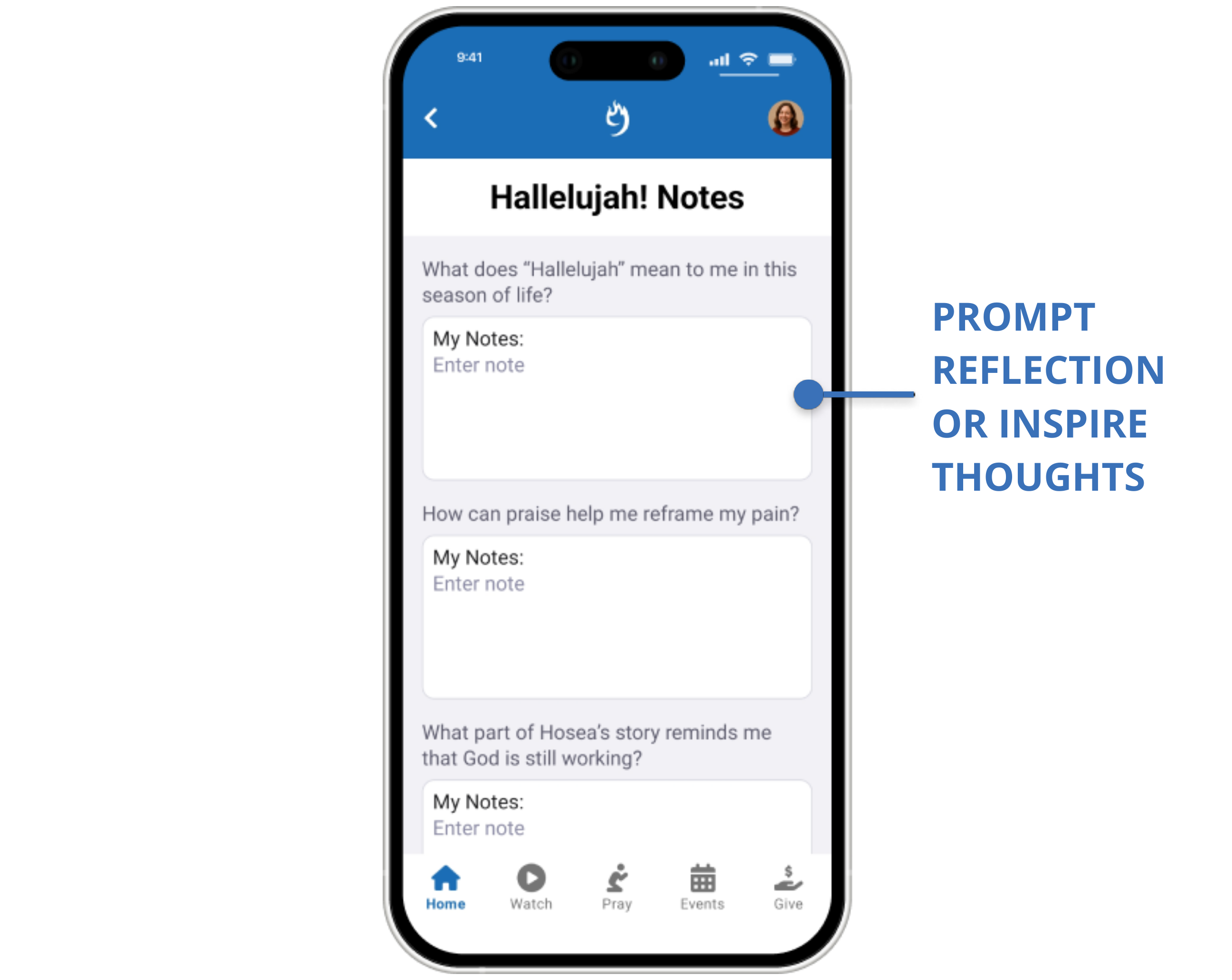 Use message notes in Compass Rock Mobile app built by 9 Embers to prompt reflection or inspire thoughts.