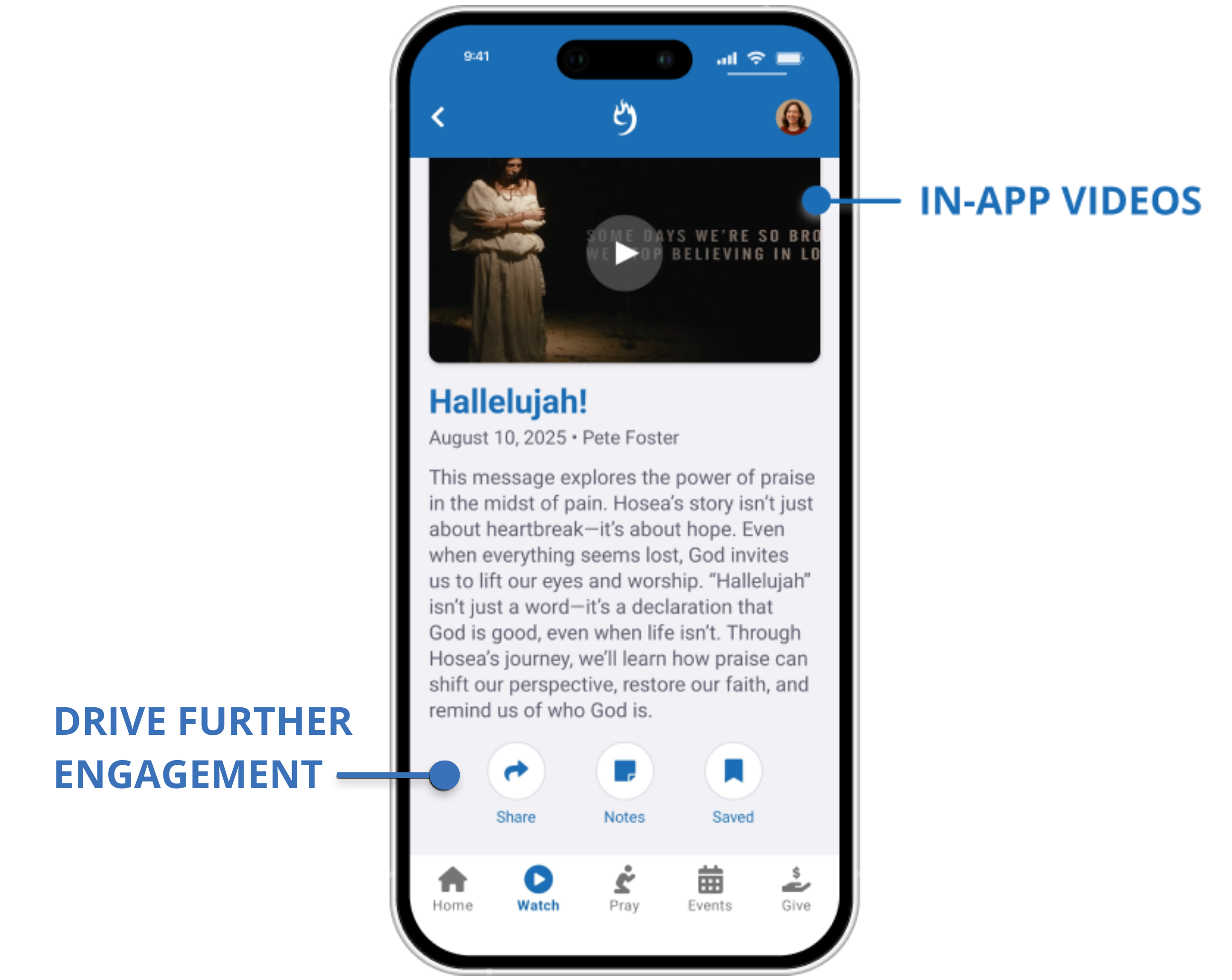 Watch message in the app and drive further engagement with share, notes, and save action buttons in the Compass Rock Mobile app.