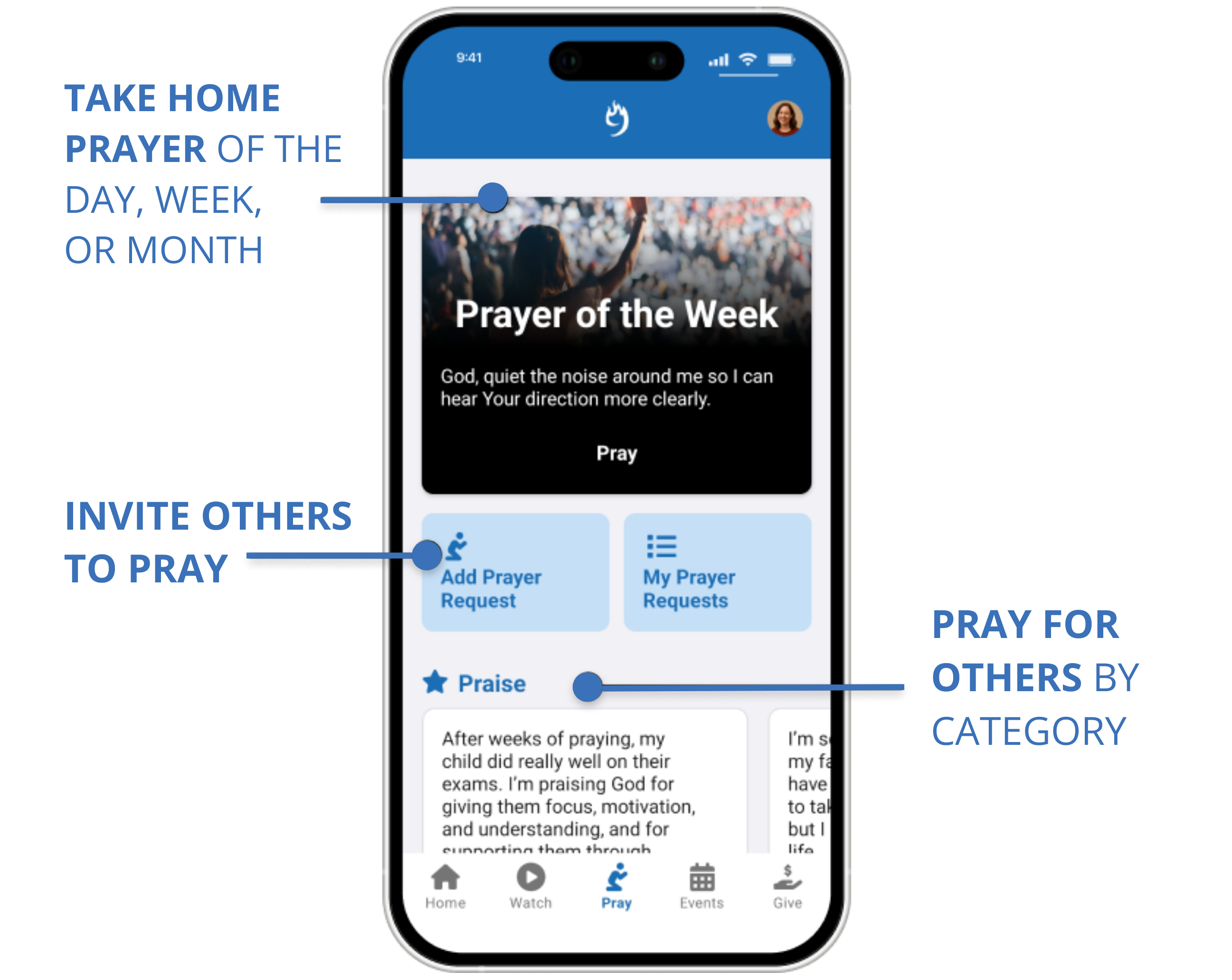 Build and grow prayer habits through Rock Mobile prayer features built by 9 Embers.