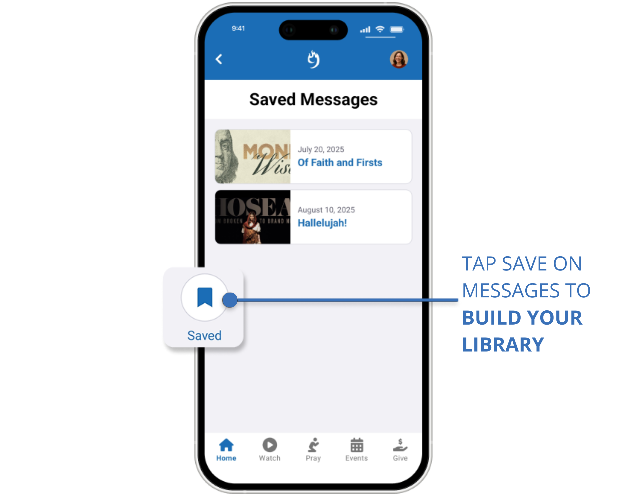 Compass Rock Mobile app built by 9 Embers includes Saved Messages library.