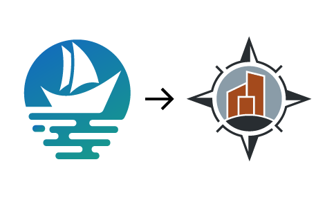 New compass mark features a cityscape in a compass frame compare boat representing the previous version.