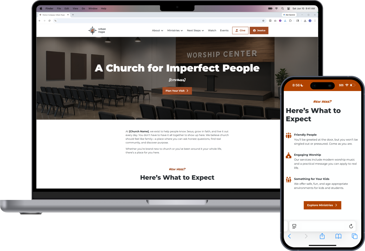 Compass Website Theme shown on laptop and mobile devices