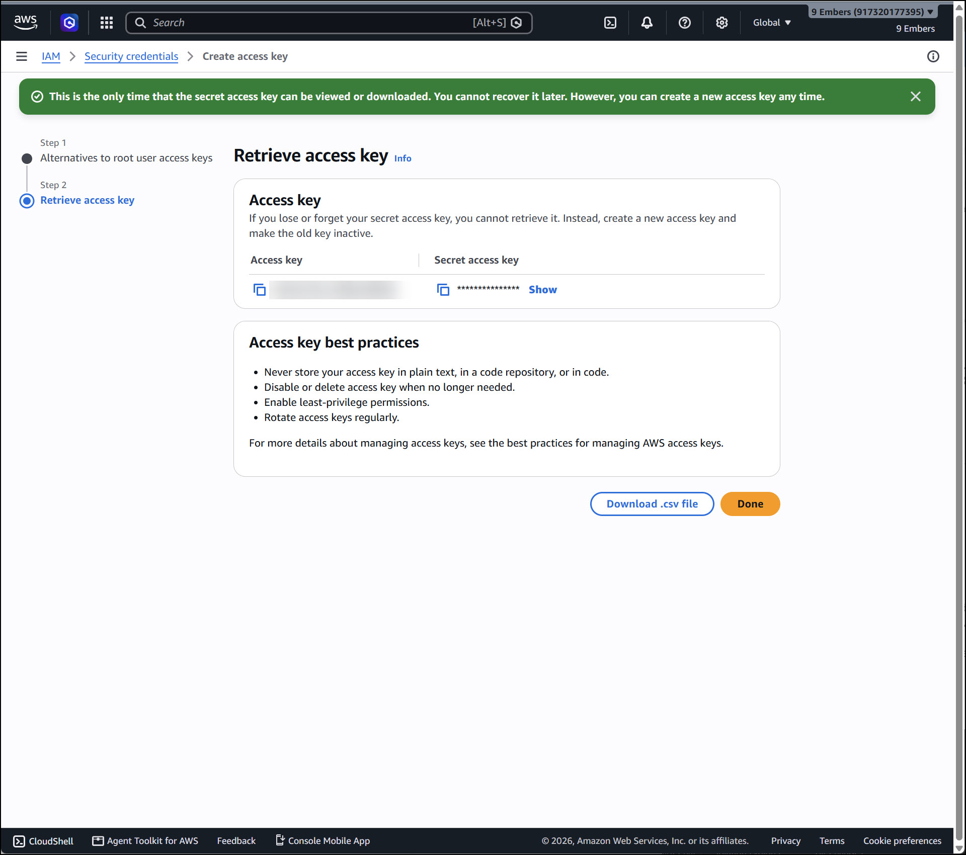 The Amazon IAM Retrieve access key page, showing the access key and secret access key