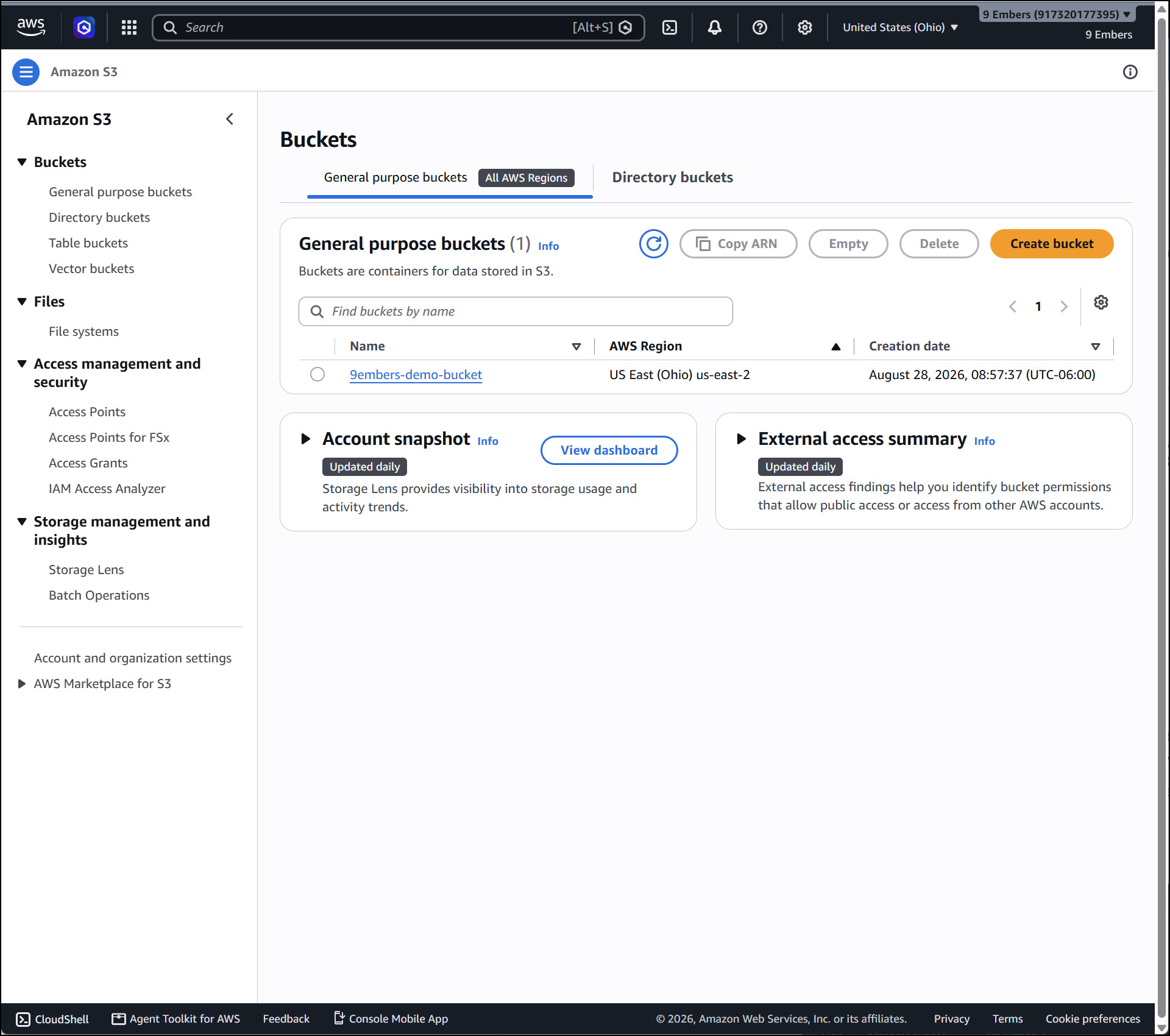 The Amazon S3 General purpose buckets list, showing a bucket's name and AWS Region