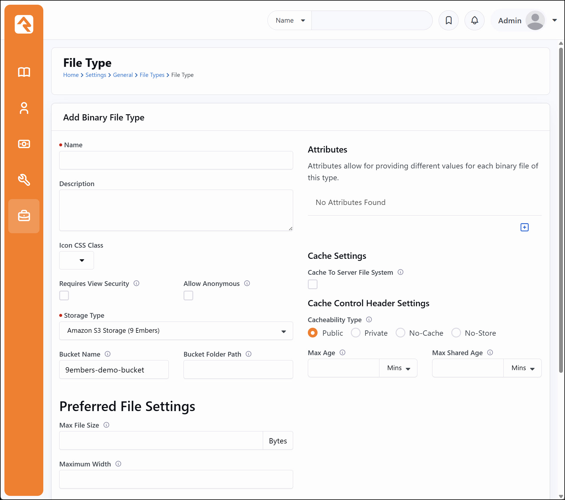 The Add Binary File Type screen in Rock with Storage Type set to Amazon S3 Storage (9 Embers) and the Bucket Name and Bucket Folder Path fields