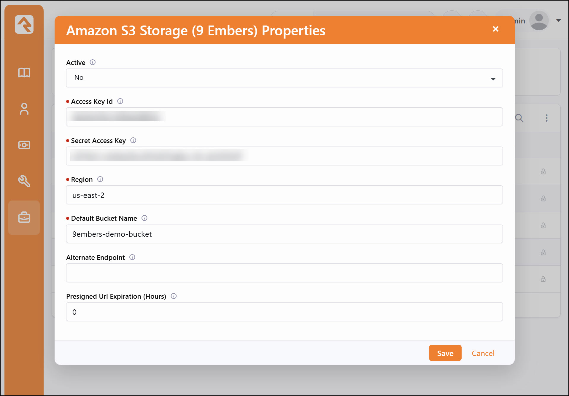 The Amazon S3 Storage (9 Embers) Properties dialog in Rock