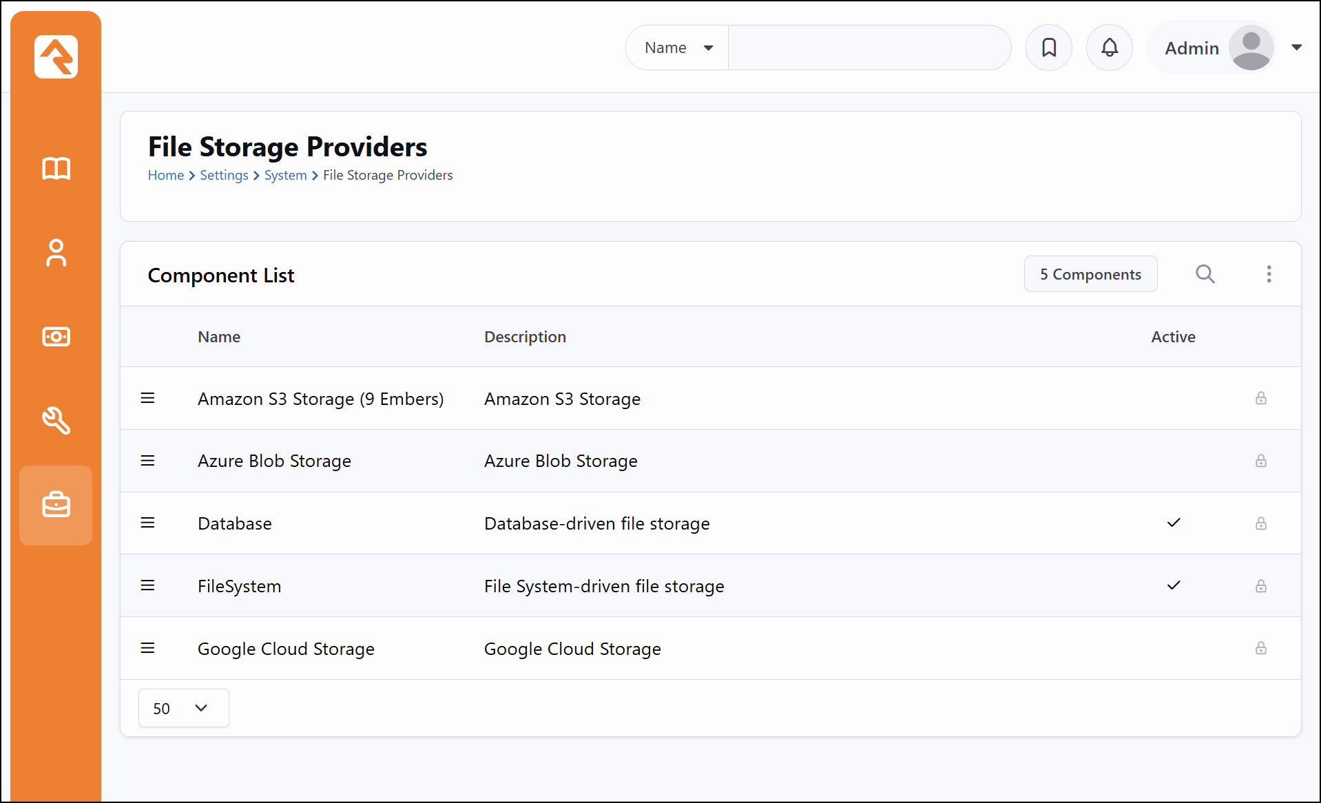 The File Storage Providers list in Rock, showing Amazon S3 Storage (9 Embers) alongside the built-in providers