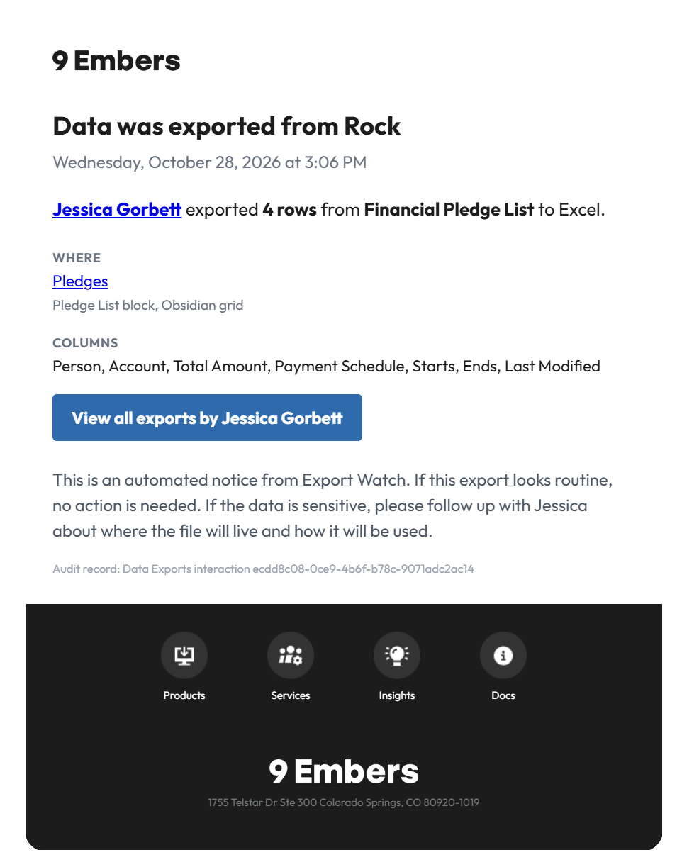 Export Watch email notification showing who exported data from Rock RMS