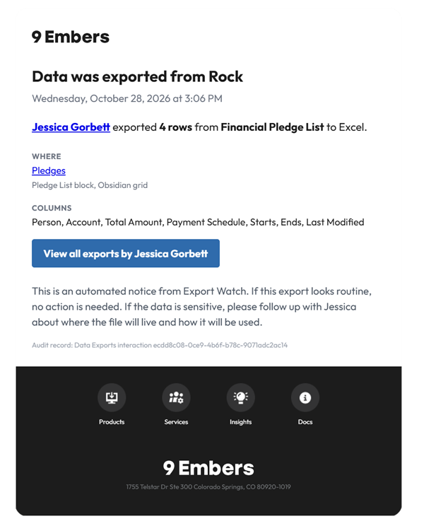 Export Watch email notification showing who exported data from Rock RMS